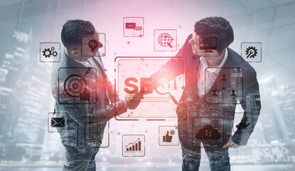 SEO concept for improving SEO visibility, with SEO related digital tools and SEO performance icons shown in an focused layout for strategic marketing. Spline