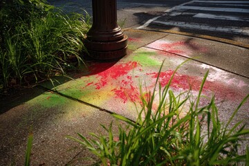 Colorful sidewalk art splashes at a street corner