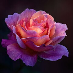 Close-up of a vibrant rose, with hues of  pink and orange, bathed in soft light.  A single bloom, detailed petals, set against a dark background