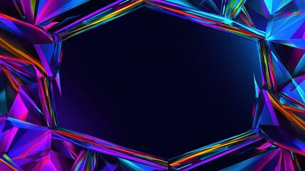 Geometric, iridescent frame with jewel-like facets surrounds a dark center, glowing vibrantly