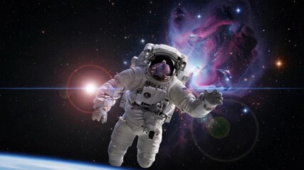 astronaut in white suit floats in space with Earths curvature below A bright sun flares on the left illuminating the suit while vibrant purple nebula glows on the right - Powered by Adobe