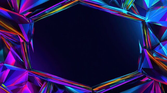 Geometric, iridescent frame with jewel-like facets surrounds a dark center, glowing vibrantly