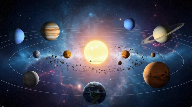 star system with luminous central sun eight diverse planets on distinct orbital paths and prominent asteroid belt Surrounded by colorful cosmic nebula and star-filled galaxy