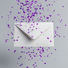 A white envelope, open slightly, positioned on a gray surface, with vibrant purple confetti falling around it