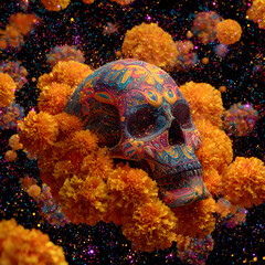 Vibrant Sugar Skull Adorned with Alebrije Patterns Surrounded by Marigold Flowers