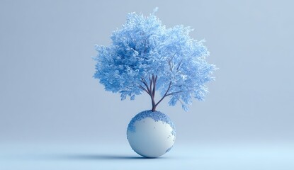 A rendered blue tree atop a frosted globe against a gradient blue background
