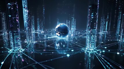 Futuristic cityscape with glowing structures linked by digital lines, a sphere centered - Powered by Adobe