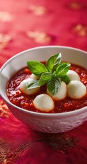 A white bowl of tomato sauce, topped with small, round mozzarella balls and fresh basil leaves