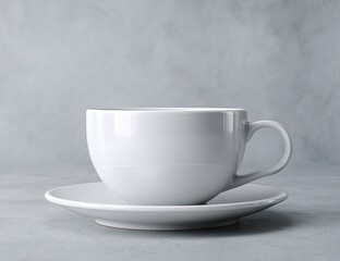 White coffee cup and saucer on a textured surface
