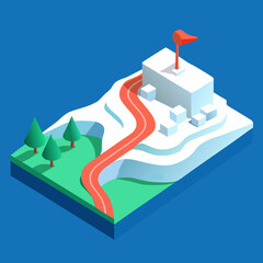 A minimalist 3D rendering of a topographic map or architectural site plan in white, featuring a single vibrant flowing path. Concept for tech, real estate, and data.