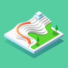 A minimalist 3D rendering of a topographic map or architectural site plan in white, featuring a single vibrant flowing path. Concept for tech, real estate, and data.