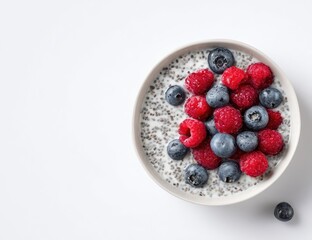 Healthy breakfast bowl, chia seed pudding with raspberries and blueberries