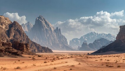 Fototapeta premium Vast desert scene framed by rock formations, under a partially clouded sky, with distant mountains