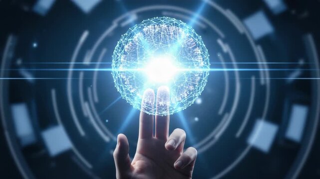 human finger gently touches radiant interconnected blue sphere illuminating dark futuristic digital background with subtle circular elements and bright light flares symbolizing connection and innovati