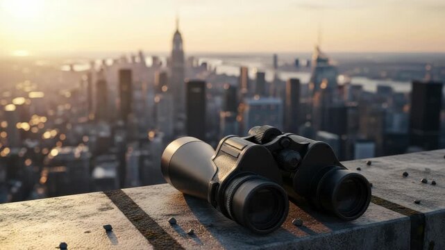 pair of black binoculars rests on concrete rooftop ledge overlooking vast blurred cityscape at sunrise Golden light illuminates the distant skyscrapers and horizon expansive urban vista