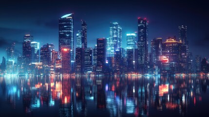 A modern cityscape at night with glowing lights and reflections, urban and dynamic.