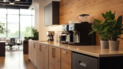 A modern kitchen or breakroom in an office setting with sleek design and coffee machines, showing a contemporary workspace.