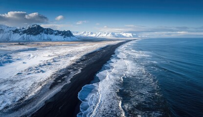 Aerial view of a wintery black sand beach with snow-capped mountains under a blue sky