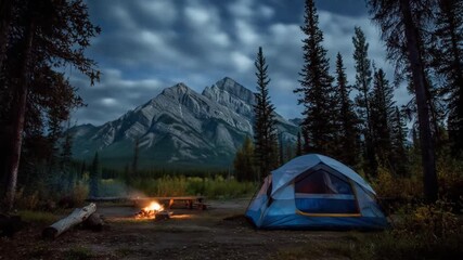 Peaceful night camping adventure in a stunning mountain wilderness, featuring a cozy tent and warm campfire under a dramatic sky. - Powered by Adobe