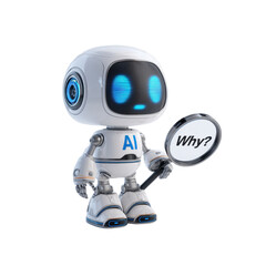 Robotic AI Mascot with Why? Magnifier on Transparent Background
