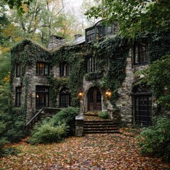 Stone mansion enveloped in foliage, with glowing lights, steps, and autumn leaves
