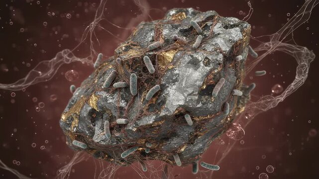 Closeup of bioleaching process showing bacteria interacting with mineralrich ore to extract valuable metals naturally.