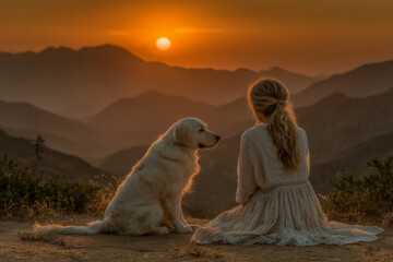 Woman dog watching sunset mountains golden hour friendship