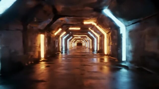 Futuristic sci-fi corridor with glowing orange and blue neon lights creating a long, reflective path into the unknown