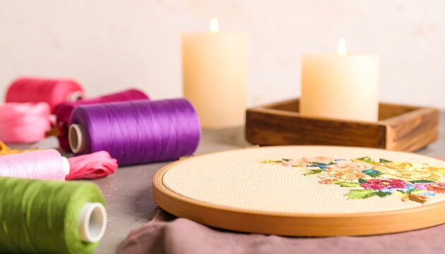Embroidery Hoop with Colorful Thread and Lit Candles Still Life