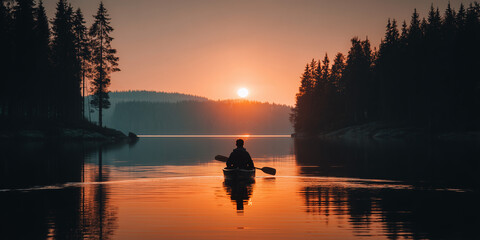 Man kayaking lake forest sunset calm outdoor leisure