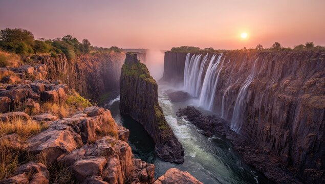 Massive waterfall cascades into a gorge, sun setting over the misty landscape - Powered by Adobe