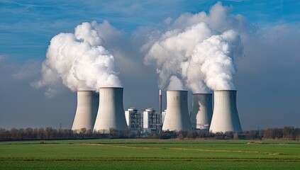 Cooling towers emitting steam with a vibrant green field in foreground against cloudy sky