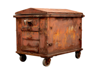 Rusty old metal wheeled dumpster container box, Isolated On Transparent Background, Png