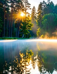 Sunrise over a tranquil lake, surrounded by lush forest