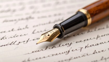 Elegant fountain pen poised above handwritten letter evokes classic literature and timeless correspondence