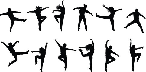 Silhouette of dancers jumping, performing expressive dance moves, modern style, energetic people, vector illustration, celebration, motion, performance, contemporary artistic expression