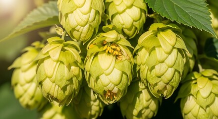 Fototapeta premium Close-up of fresh green hops cones, an ingredient for brewing beer, growing in a garden on a sunny