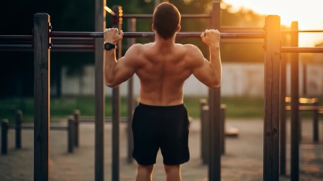 Muscular Man Doing Pull-Ups at Outdoor Gym During Golden Hour Workout