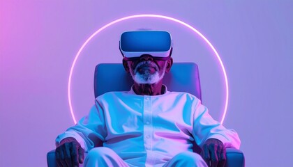 Senior man exploring immersive virtual reality with modern VR headset in vibrant neon studio setting
