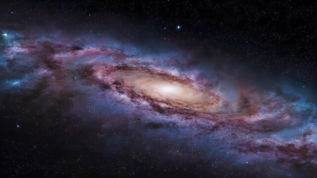 A swirling, colorful galaxy with a bright central bulge is set against a star-studded black backdrop