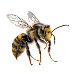 Detailed macro of a bee with yellow and black stripes and transparent wings
