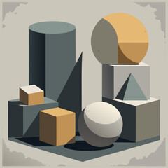 A collection of minimalist brutalist geometric shapes with raw concrete and plaster textures, creating stark shadows in a neutral composition. For architectural and product mockups.