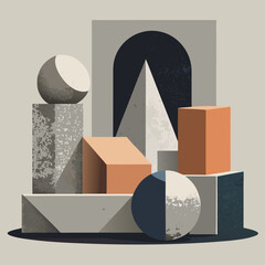 A collection of minimalist brutalist geometric shapes with raw concrete and plaster textures, creating stark shadows in a neutral composition. For architectural and product mockups.