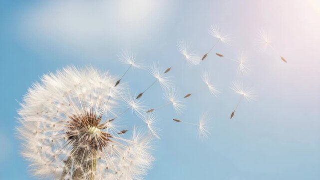 Close-up of white dandelion seed head its feathery pappus radiating Numerous seeds drift upwards and right against vibrant blue sky carried by the breeze with soft sun flare