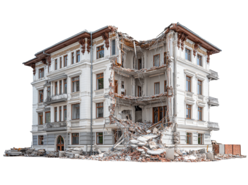 Demolished building partial destruction urban decay, Isolated On Transparent Background, Png