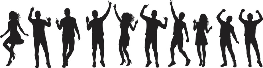 Silhouette of dancing people, group celebration, happy friends, modern party, dance movement, crowd energy, fun lifestyle, festival joy illustration