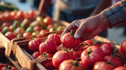 Closeup of a hand selecting ripe seasonal tomatoes at a local farmers market with blurred background showcasing fresh produce in soft focus.