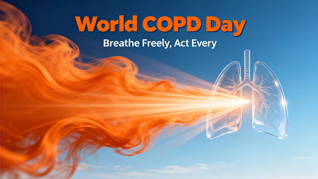 Orange smoke and lung model, representing World COPD Day, free breathing, and positive action concepts, suitable for health advocacy scenarios.