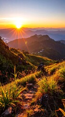 Sunrise over mountain peaks with grassy path