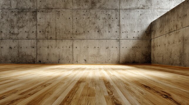 Large concrete block wall with warm wooden flooring in a spacious interior setting